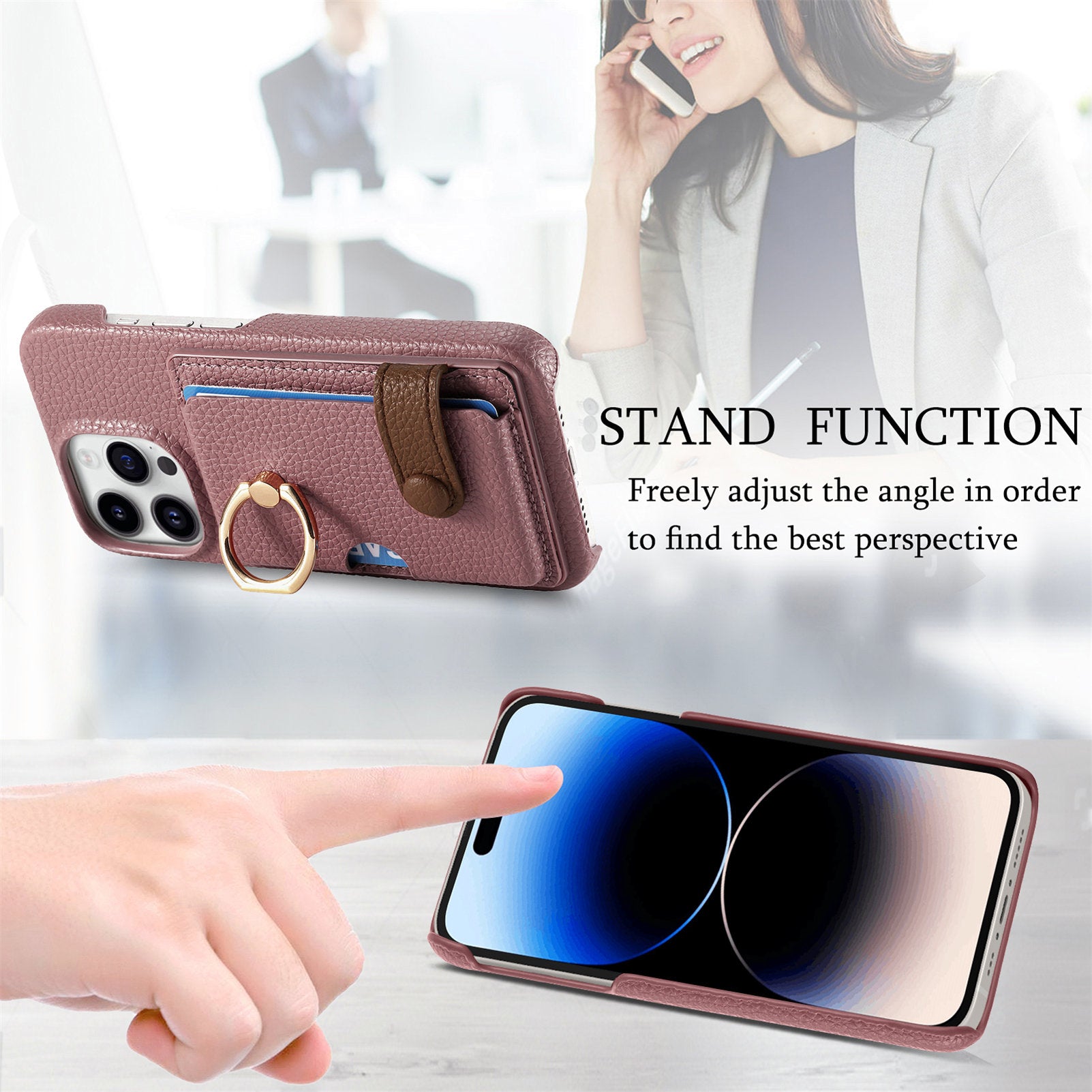 Y2 For iPhone 14 Pro Card Slot Case Litchi Texture PU+PC+TPU Kickstand Phone Cover Y2 For iPhone 14 Pro Card Slot Case Litchi Texture PU+PC+TPU Kickstand Phone Cover